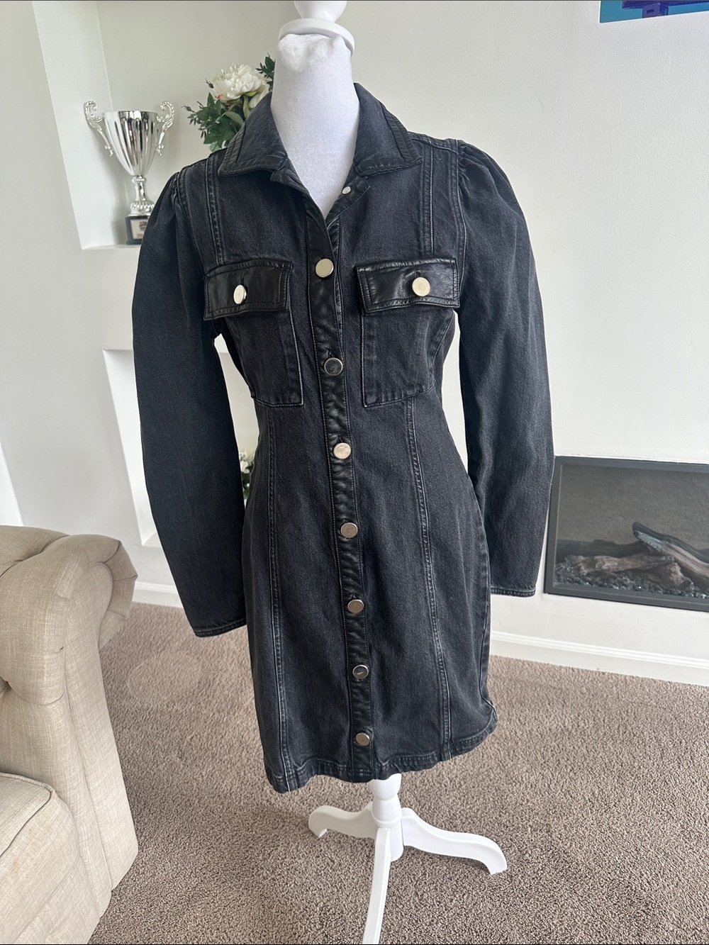 River Island Black Denim Button-Front Jacket Dress